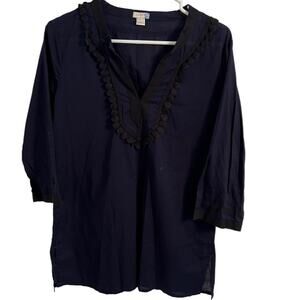 J. Crew Women Top Tunic Beach Style 3/4 Sleeve Navy Cotton sz S